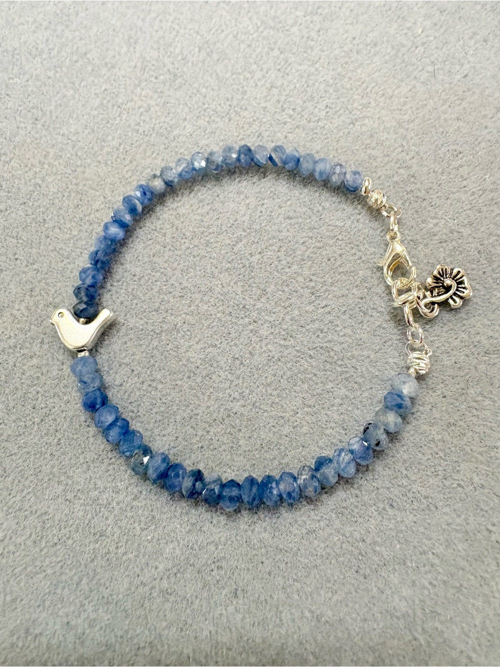 Delicate FacetedBlue Kyanite Beaded Bracelet with Silver Bird Accent 7.5 inches